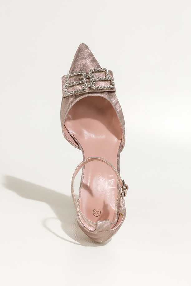 Szampańskie czółenka damskie szpilki brokatowe kokarda z cyrkoniami pasek wokół kostki obcas kieliszek Carla O1431Y