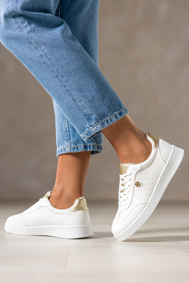 Białe sneakersy damskie buty sportowe z ozdobą złote wstawki sznurowane Casu DXU-39