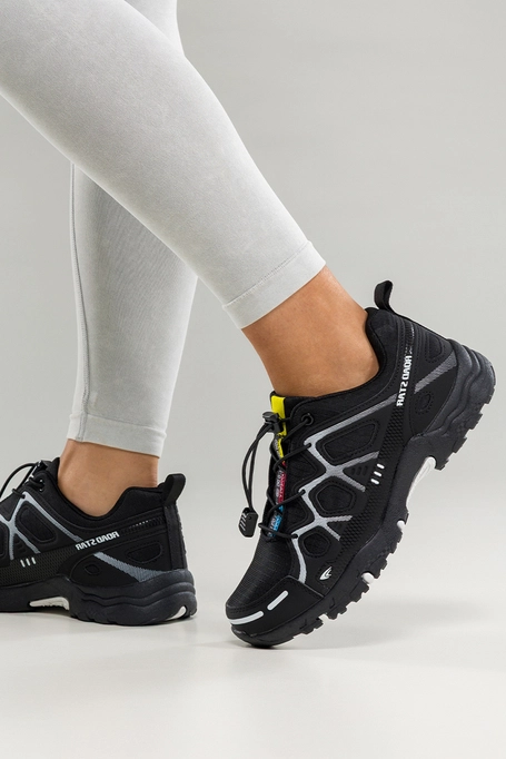 Czarne buty sportowe trekkingowe damskie na bieżnikowanej podeszwie z regulowaną elastyczną sznurówką białe wstawki Casu 2101-1W