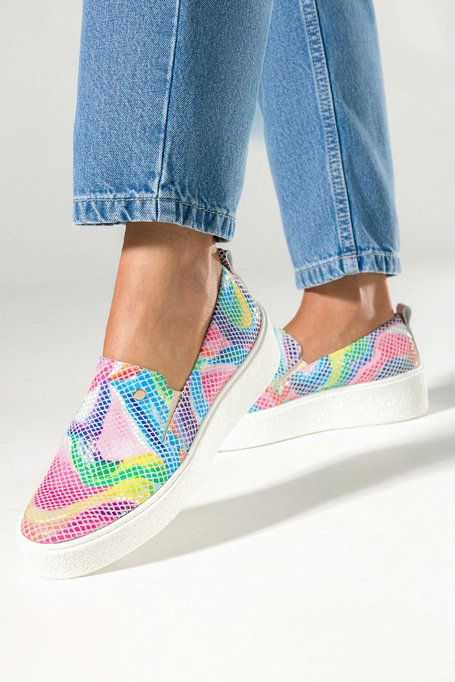 Wielokolorowe półbuty skórzane damskie slip on na platformie PRODUKT POLSKI Casu 2814-730