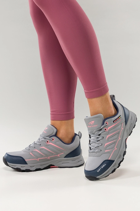 Szare buty trekkingowe damskie buty sportowe na bieżnikowanej podeszwie sznurowane różowe wstawki softshell Casu 2408-7W