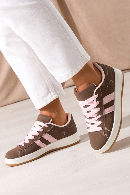 Brązowe sneakersy damskie buty sportowe na platformie sznurowane różowe wstawki Casu 77632-6