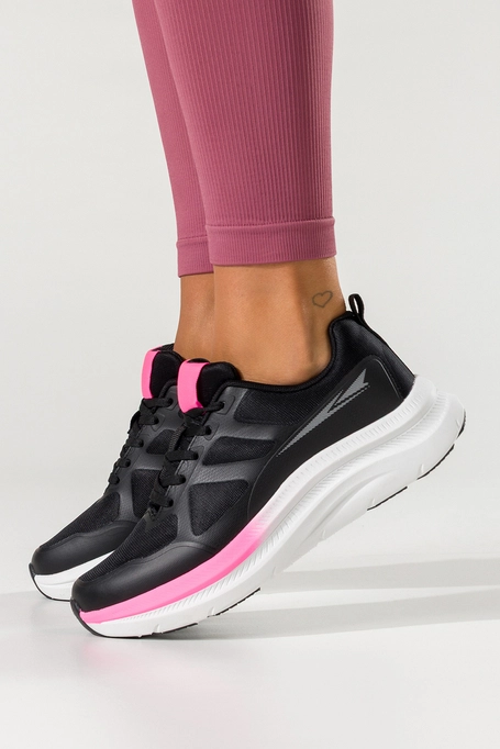 Czarne sneakersy damskie buty sportowe na siłownię biała platforma różowe wstawki sznurowane Casu 9026-1