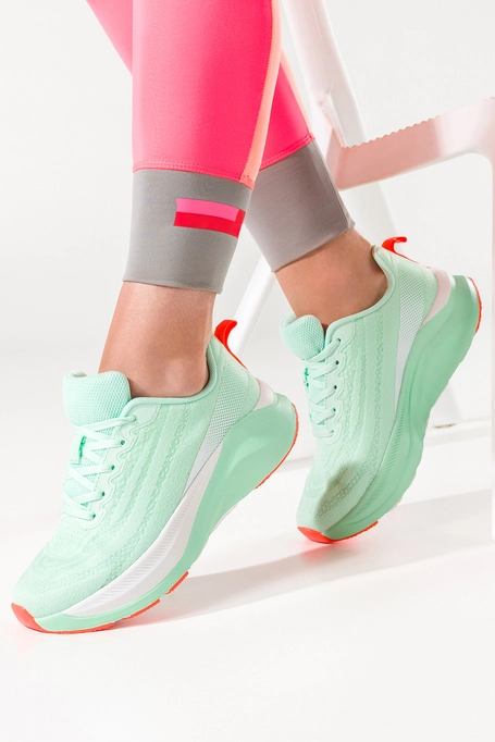 Zielone sneakersy damskie buty sportowe do biegania zielona platforma pomarańczowe wstawki sznurowane Casu 9032-3
