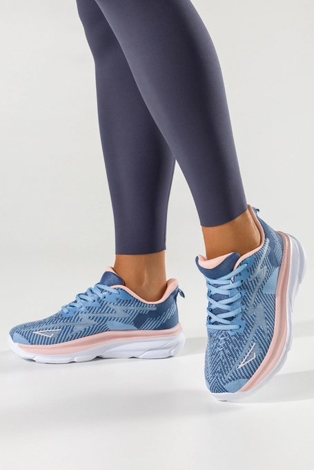 Niebieskie sneakersy damskie buty sportowe do biegania na białej platformie ze żłobieniami różowe wstawki sznurowane Casu M015-2