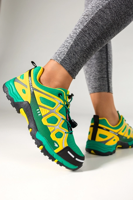 Zielone buty sportowe trekkingowe damskie na bieżnikowanej podeszwie z regulowaną elastyczną sznurówką żółte wstawki Casu 2101-4W