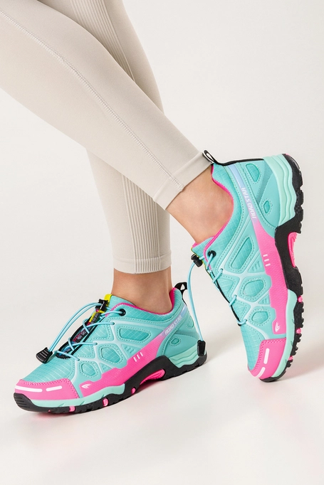 Turkusowe buty sportowe trekkingowe damskie na bieżnikowanej podeszwie z regulowaną elastyczną sznurówką Casu 2101-11W