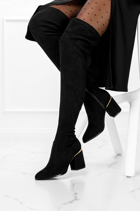 Czarne kozaki za kolano damskie na ozdobnym obcasie z elastyczną cholewką Casu D212X12-B