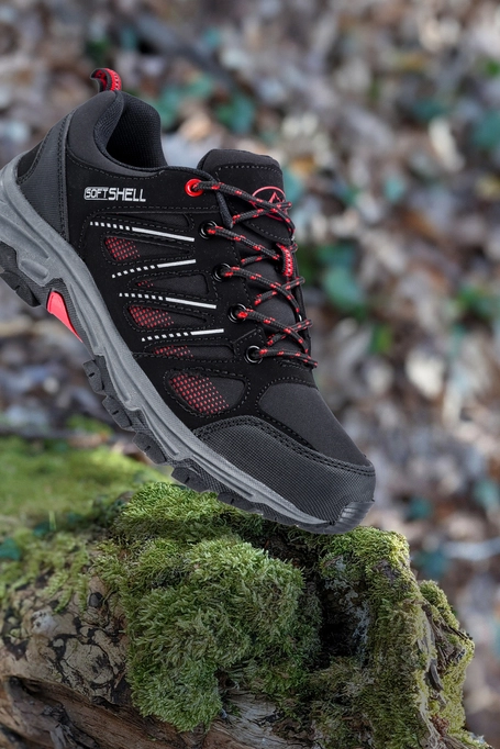 Czarne buty trekkingowe damskie z czerwonymi dodatkami sznurowane softshell Casu B2114-4